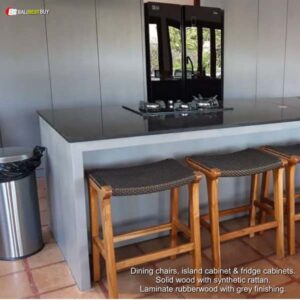 Dining chairs, island cabinet & fridge cabinets. Solid wood with synthetic rattan. Laminate rubberwood with grey finishing.
