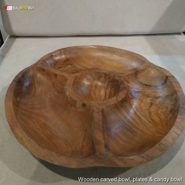 Wooden carved bowl, plates & candy bowl