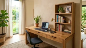 wooden study table with bookshelf