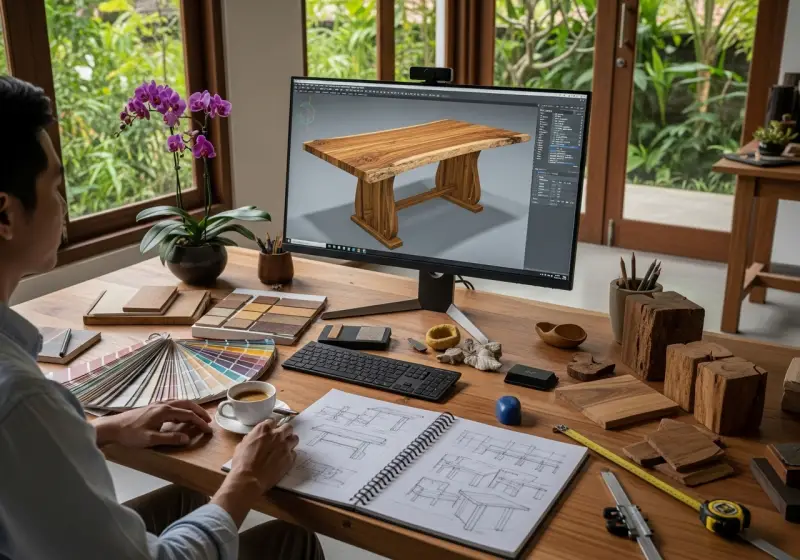 3D CAD design process for custom furniture in Bali.