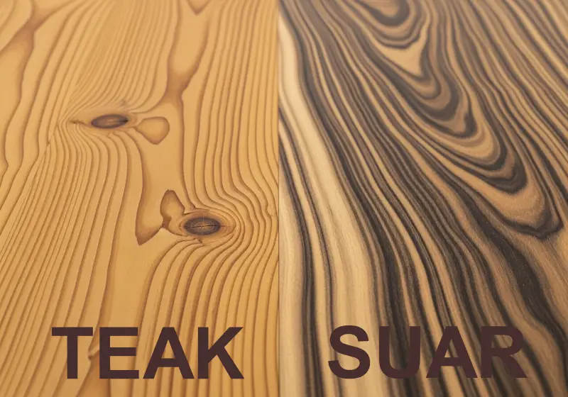 Comparison between Teak wood grain and Suar wood grain for custom furniture.