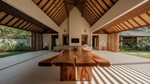Modern Balinese villa interior design with open-air concept, high timber ceilings, and solid suar wood dining table by Bali Best Design.