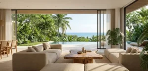 Luxury Bali interior design living room featuring open-air layout, custom teak furniture, and tropical home decor elements.