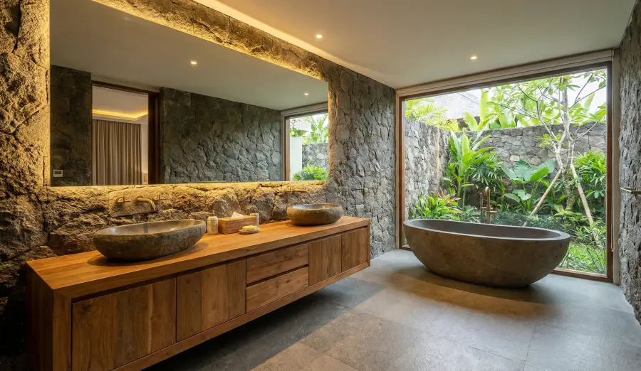 Bali style bathroom interior design with custom floating timber vanity and spa-like home decor elements