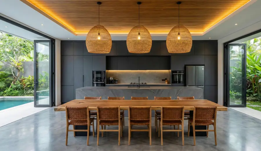 Modern Bali kitchen interior design featuring custom built-in cabinets, stone island, and wooden dining set.