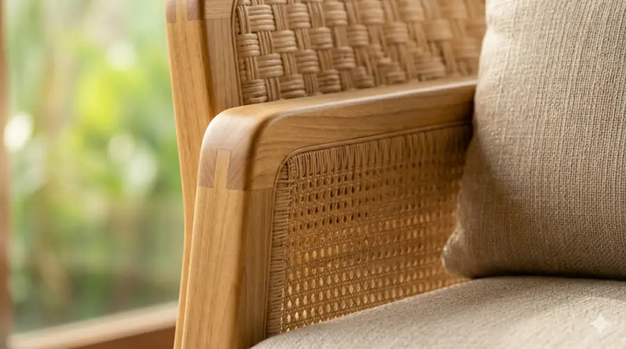 Close up detail of artisan craftsmanship on an Indonesian furniture sofa featuring natural rattan and solid wood.