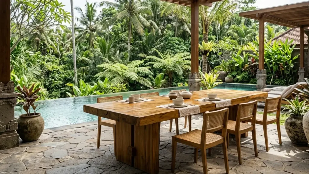 Solid teak outdoor furniture demonstrating extreme durability and natural weather resistance in a Bali villa.