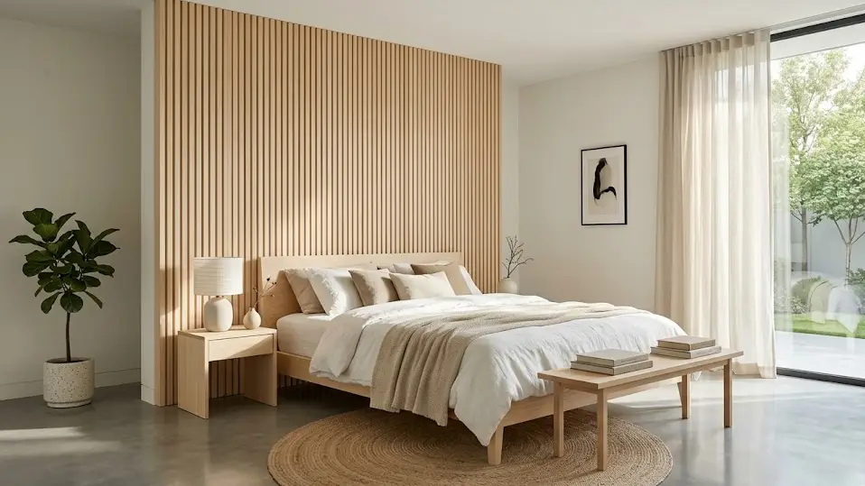 Modern interior design using light blonde Sungkai wood for custom furniture and slatted wall paneling.
