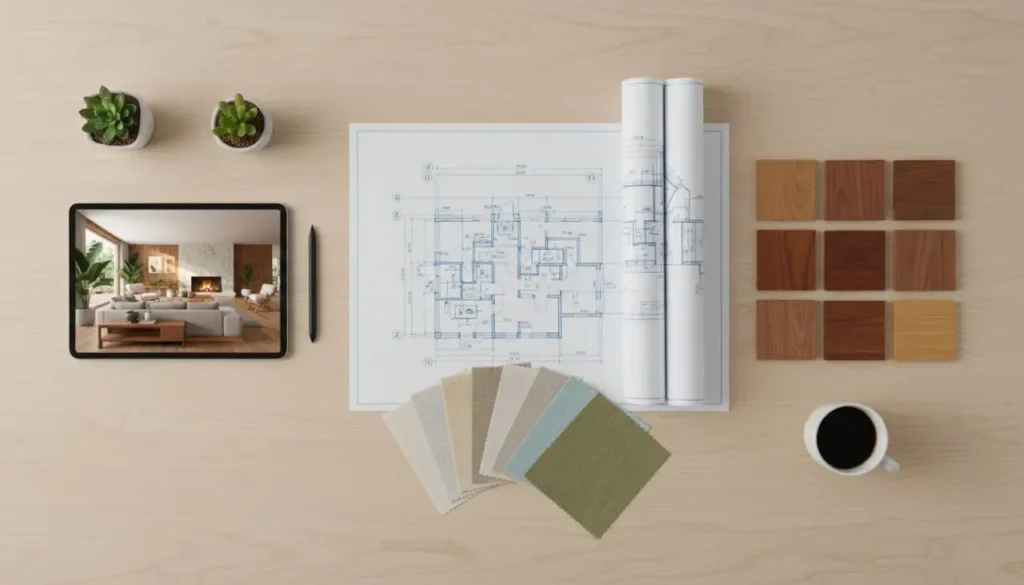 Architectural blueprints and material samples illustrating where to buy furniture using a seamless design-build ecosystem.