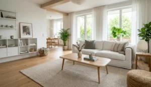 rubberwood furniture bali. Contemporary living room featuring minimalist light-toned rubberwood furniture and Scandinavian interior design elements.