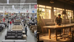 Comparing where to buy furniture: mass-produced retail store versus custom solid wood manufacturing workshop in Bali.