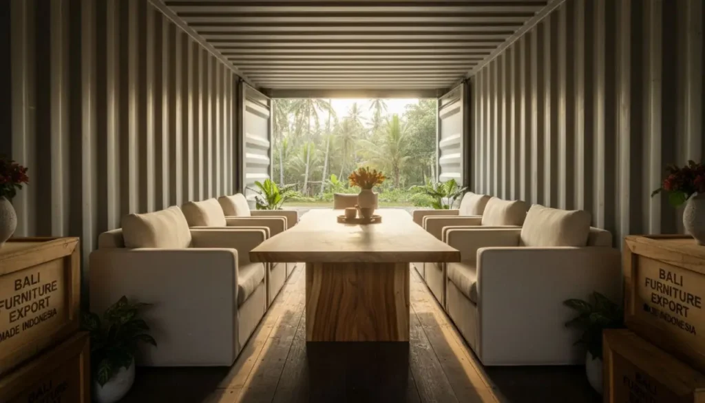 Custom Bali furniture loaded into a shipping container, offering a solution for international buyers wondering where to buy furniture overseas.