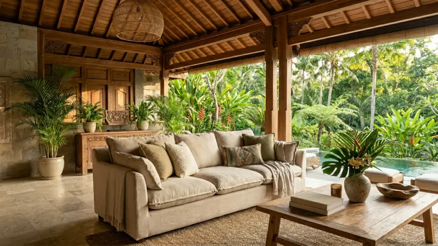 Upholstered sofa in Bali villa living room