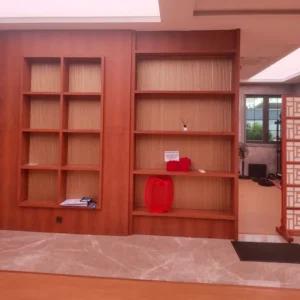 Custom teak wood wall panel with integrated shelves by Bali Best Buy Furniture