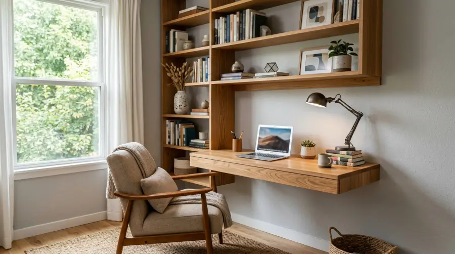 Floating desk with bookshelf storage for small room