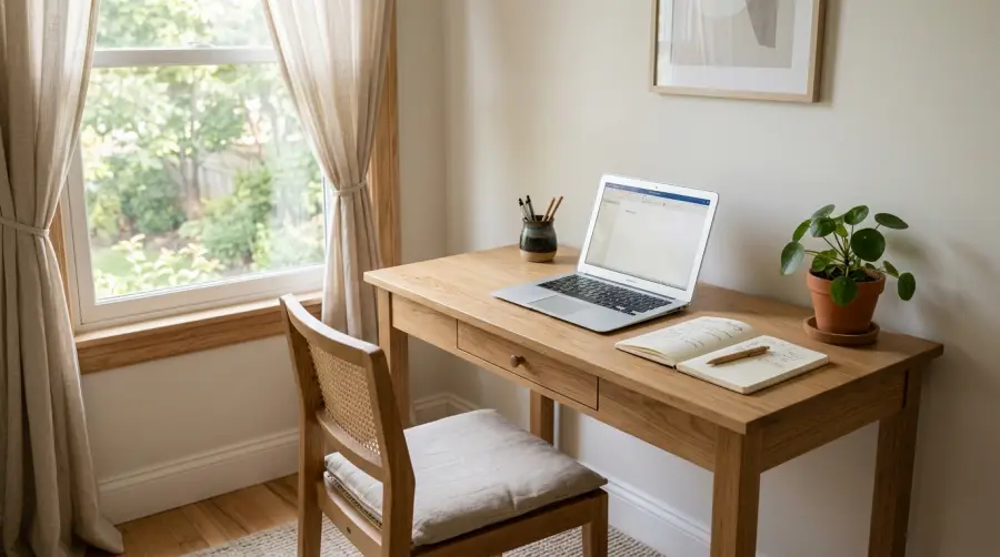 Minimalist study table beside window for small room