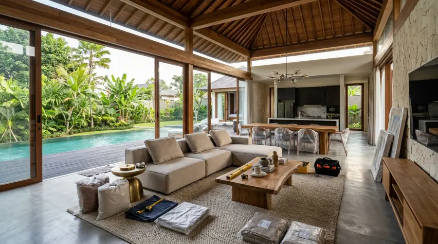 Custom furniture and interior furnishing inside a luxury Bali villa.