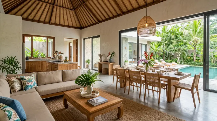 Essential furniture setup for a rental villa living room and dining area